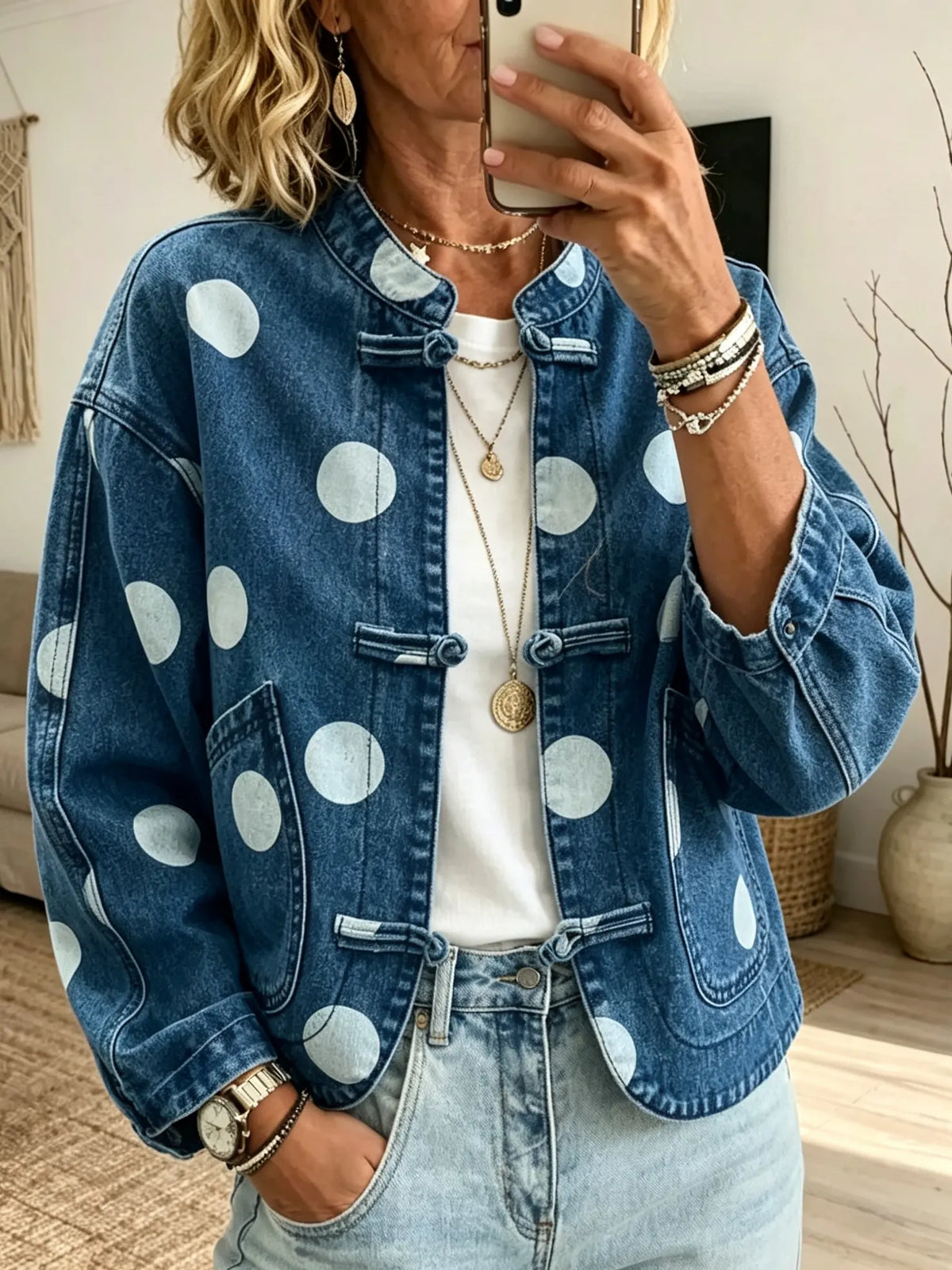 Women's Polka Dot Frog Button Denim Jacket