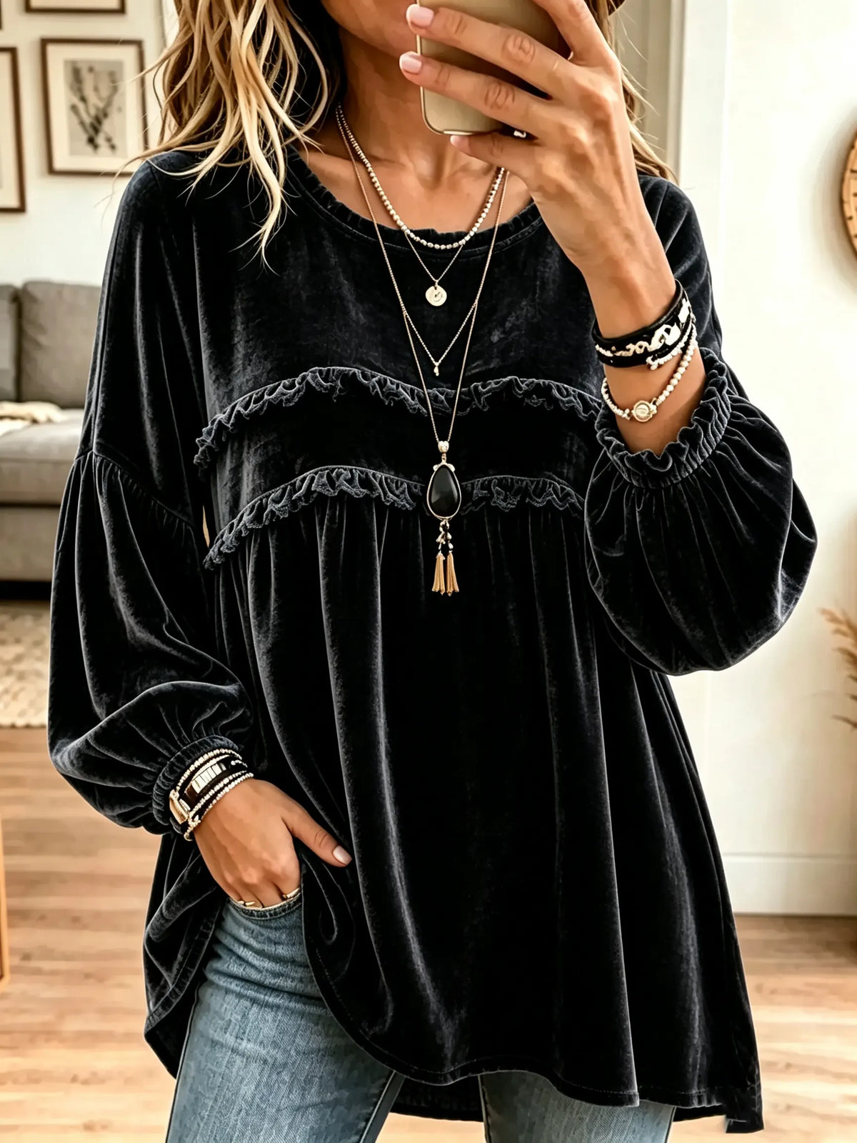 Women's Tiered Ruffle Velvet Babydoll Blouse