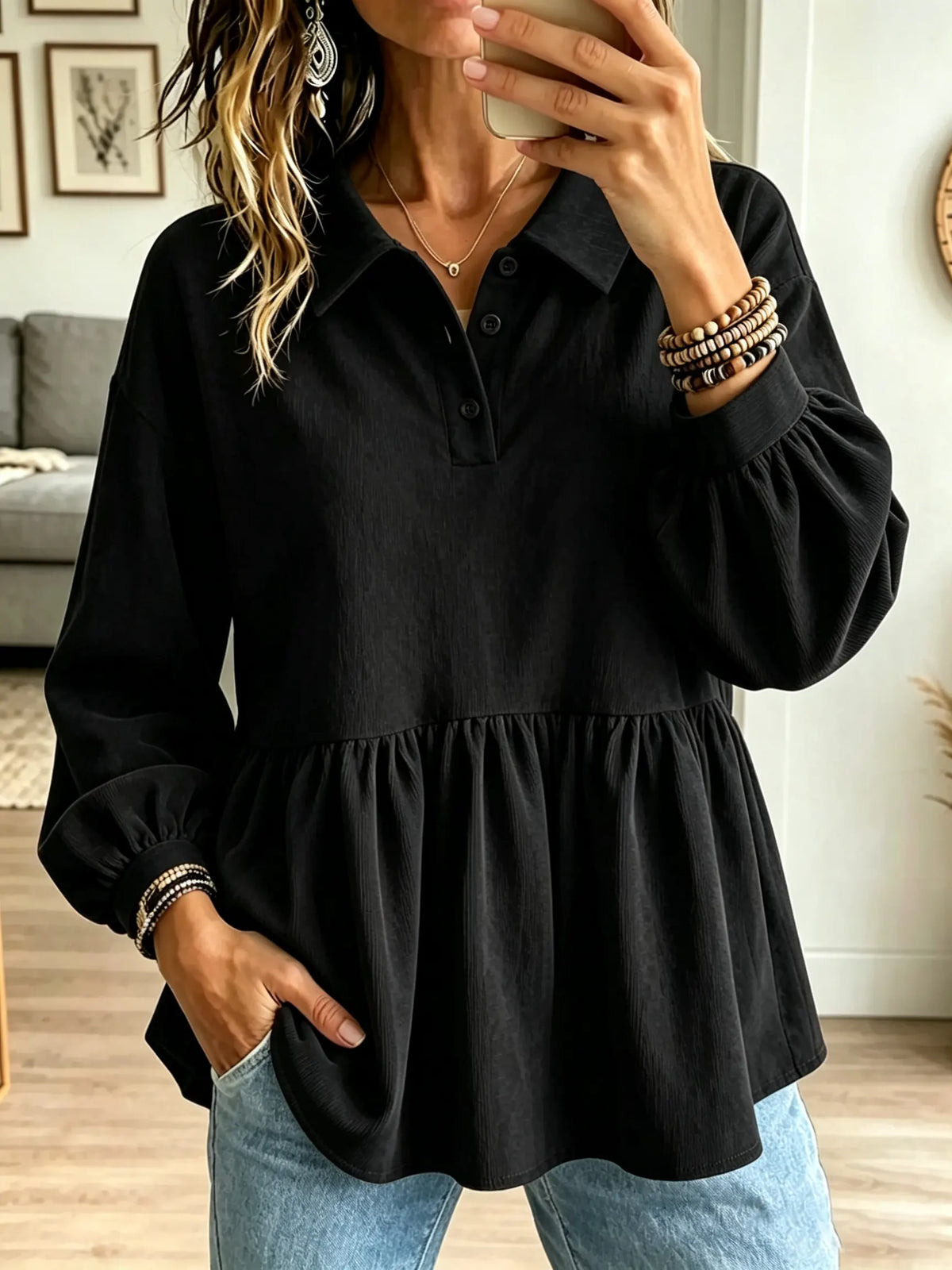 Women's Henley Corduroy Tunic Blouse