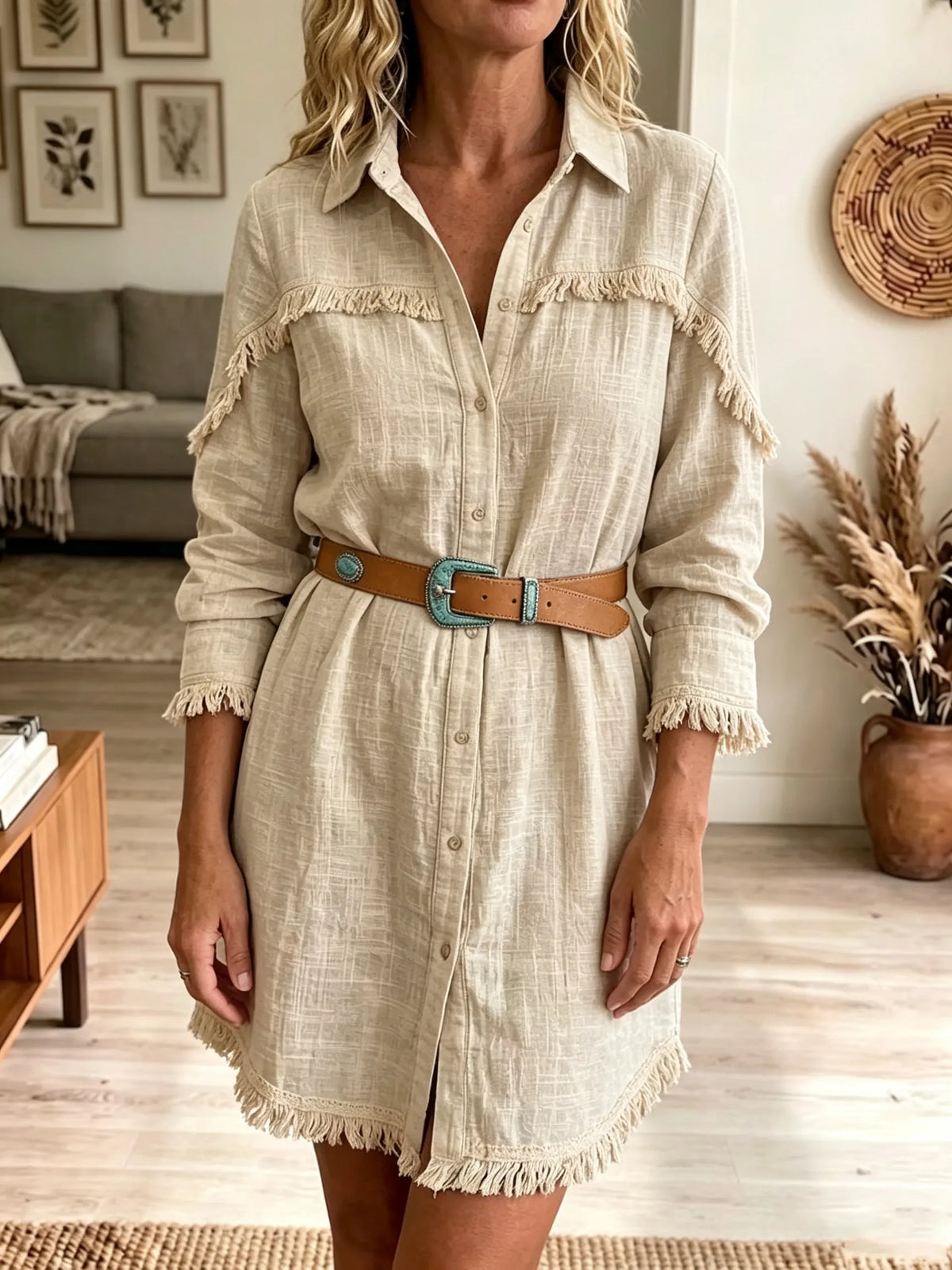 Women's Fringe Trim Linen-Blend Shirt Dress
