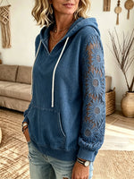 Women's Lace Sleeve Denim Pullover Hoodie