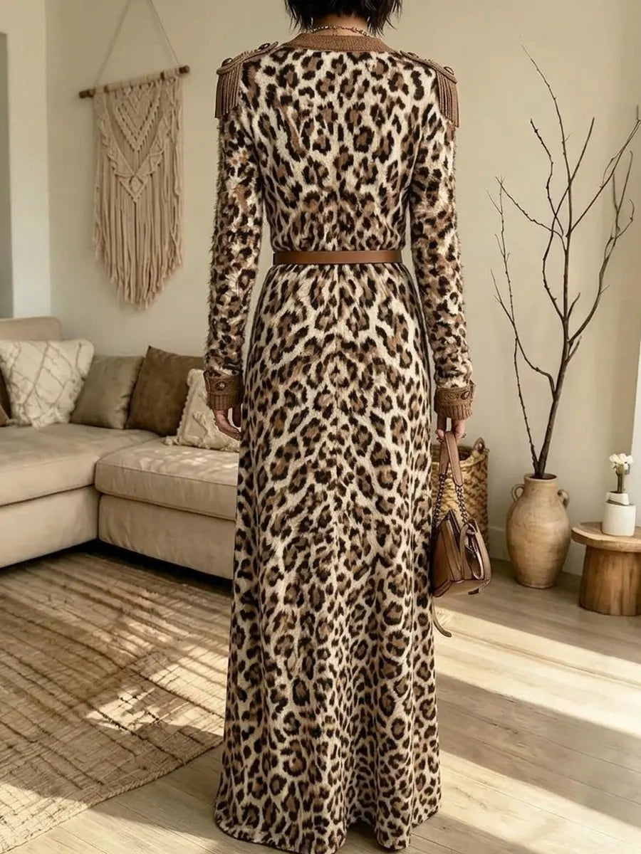 Women's Leopard Print Long-sleeve V-neck Cardigan Long Dress（Belt not included）