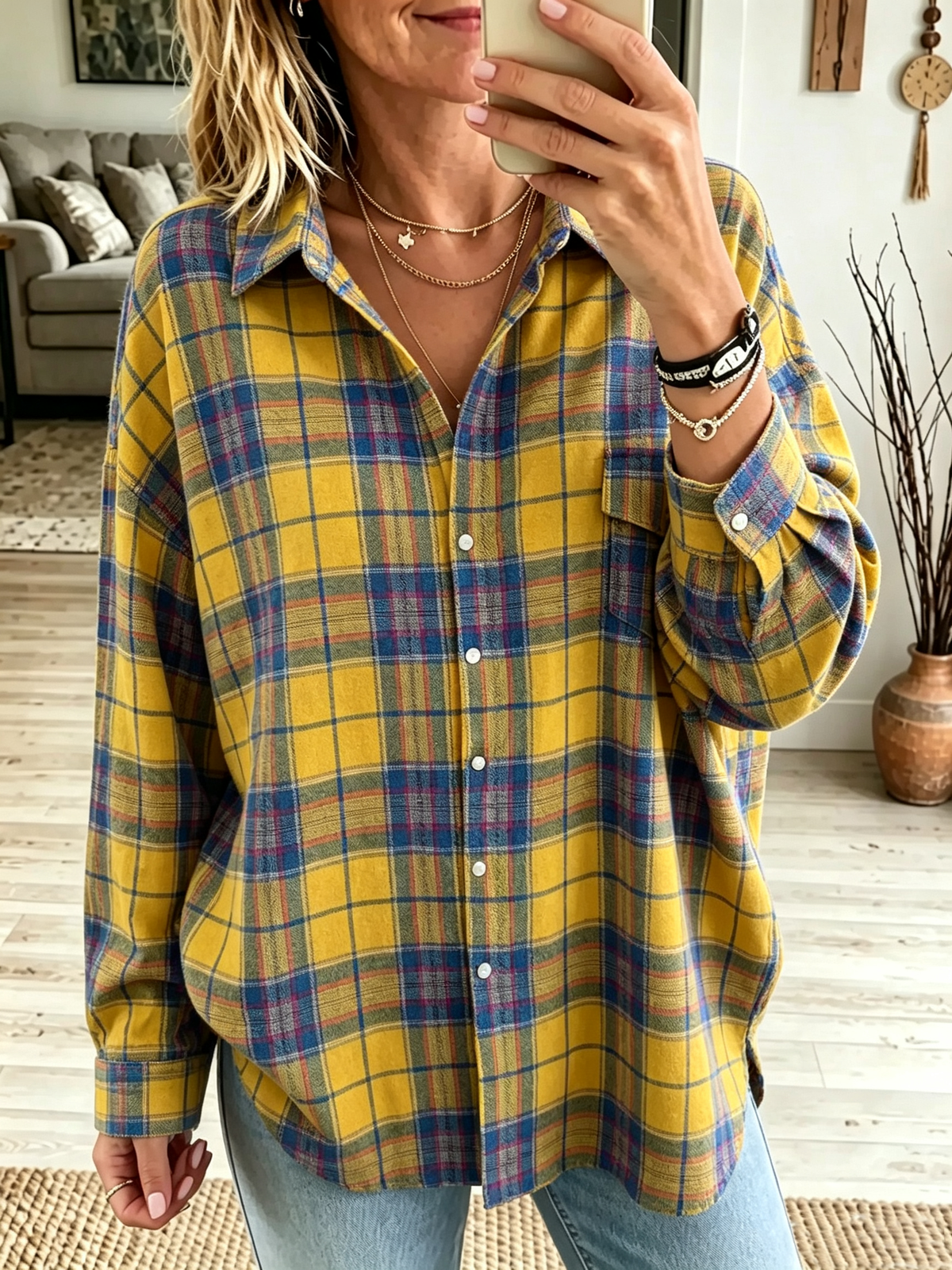 Women's Oversized Plaid Flannel Button-Down Shirt