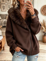Women's Faux Fur Collar Asymmetric Zip Fleece Jacket