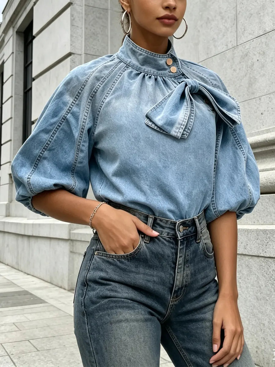 Retro Elegant Bow Gradient Color Art Casual Stylish Short Sleeve Denim Shirt