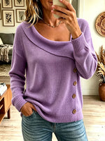 Women Lavender Asymmetric Off Shoulder Button Decor Knit Sweater