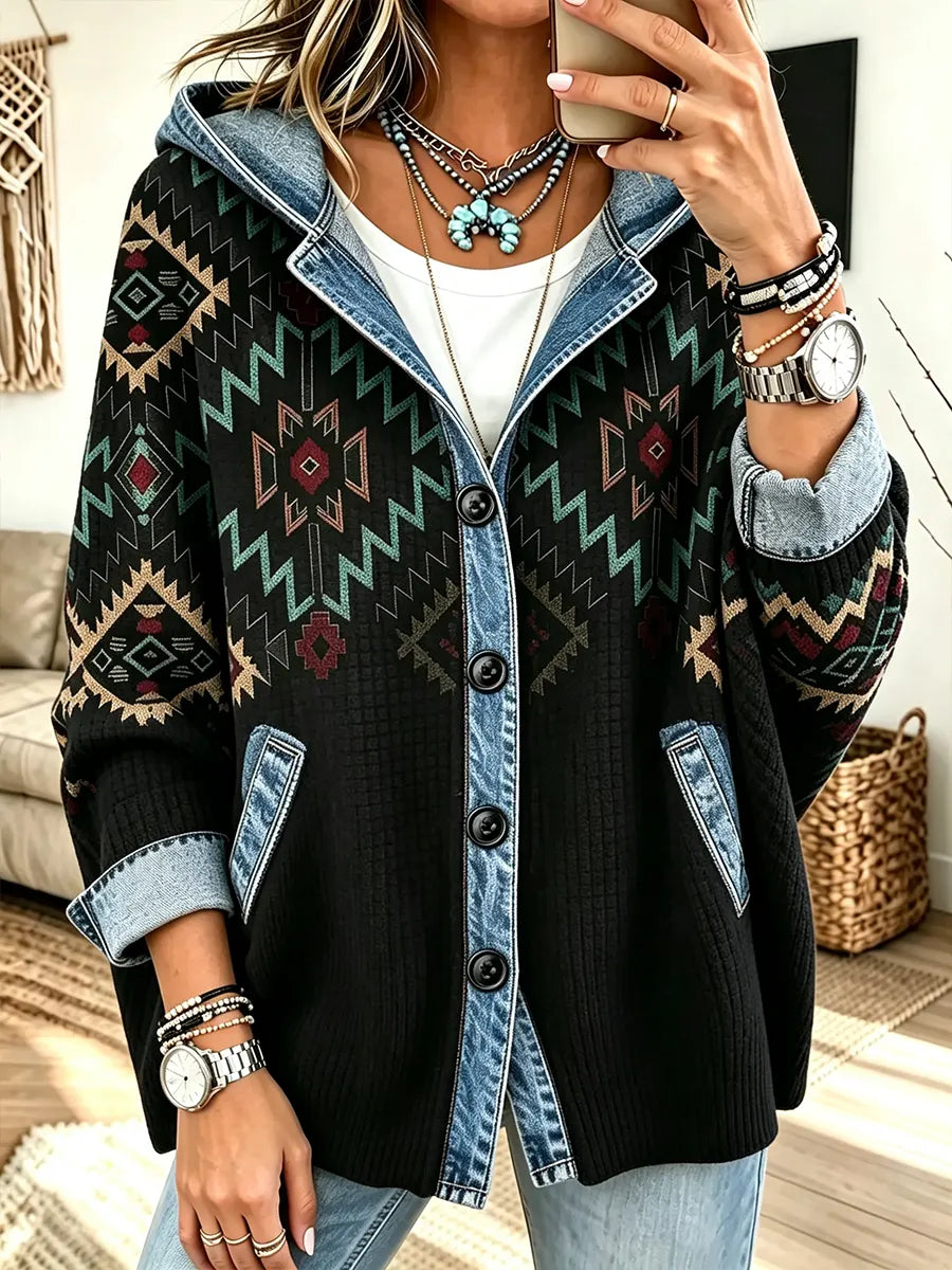Women's Vintage Print Loose Hoodie Cardigan Coat