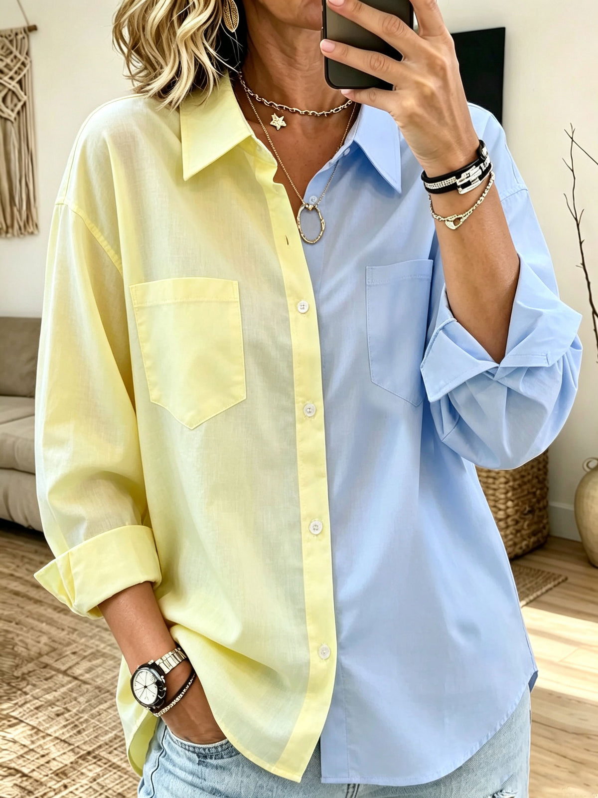 Women Color Block Button Down Shirt Long Sleeve Lapel Pocket Loose Blouse
