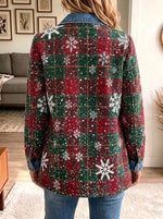 Women Lapel Button Christmas Snowflake Plaid Denim Spliced Blazer Jacket Outerwear