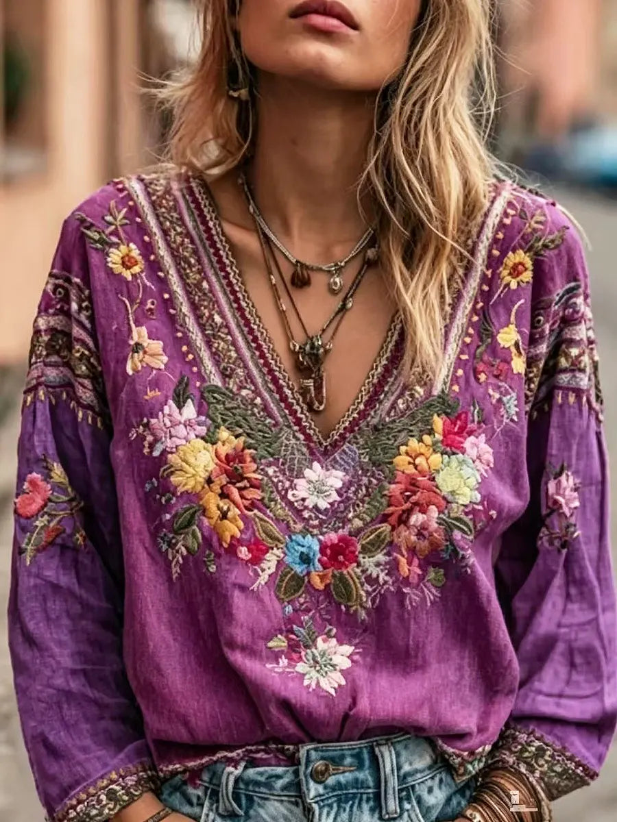 Retro Floral Embroidery Art Casual Stylish Long Sleeve Cotton Linen Shirt