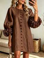 Women's 3D Floral Accent Button-Down Linen Mini Dress