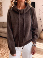 Drawstring Cowl Neck Waffle Knit Hooded Sweater Women Loose Pullover