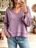 Women's Raw Hem Frayed V-Neck Pullover Sweatshirt