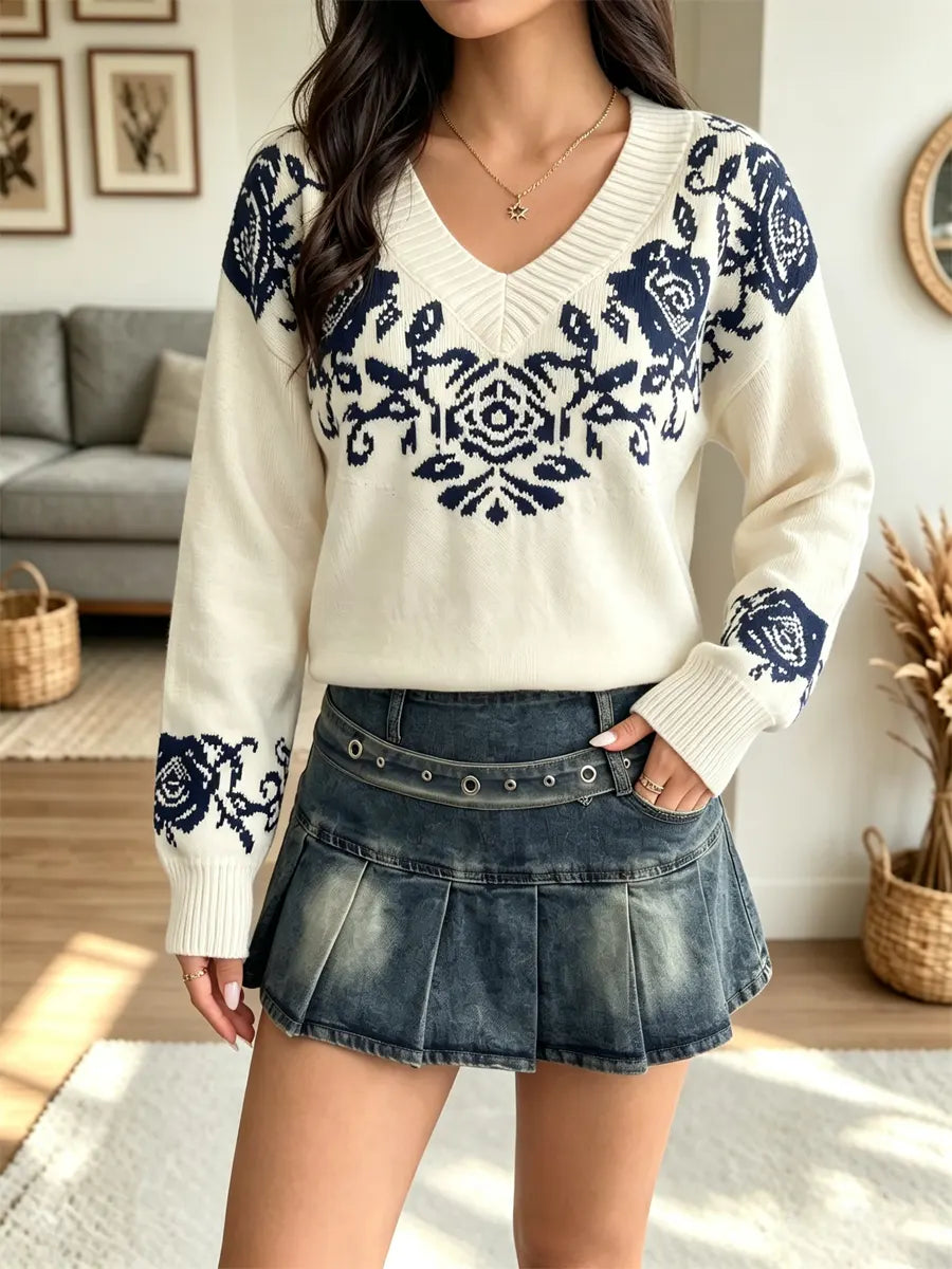 Retro Floral Pattern Art Casual Stylish Long Sleeve Knit Sweater