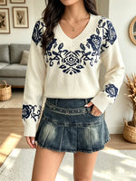 Retro Floral Pattern Art Casual Stylish Long Sleeve Knit Sweater