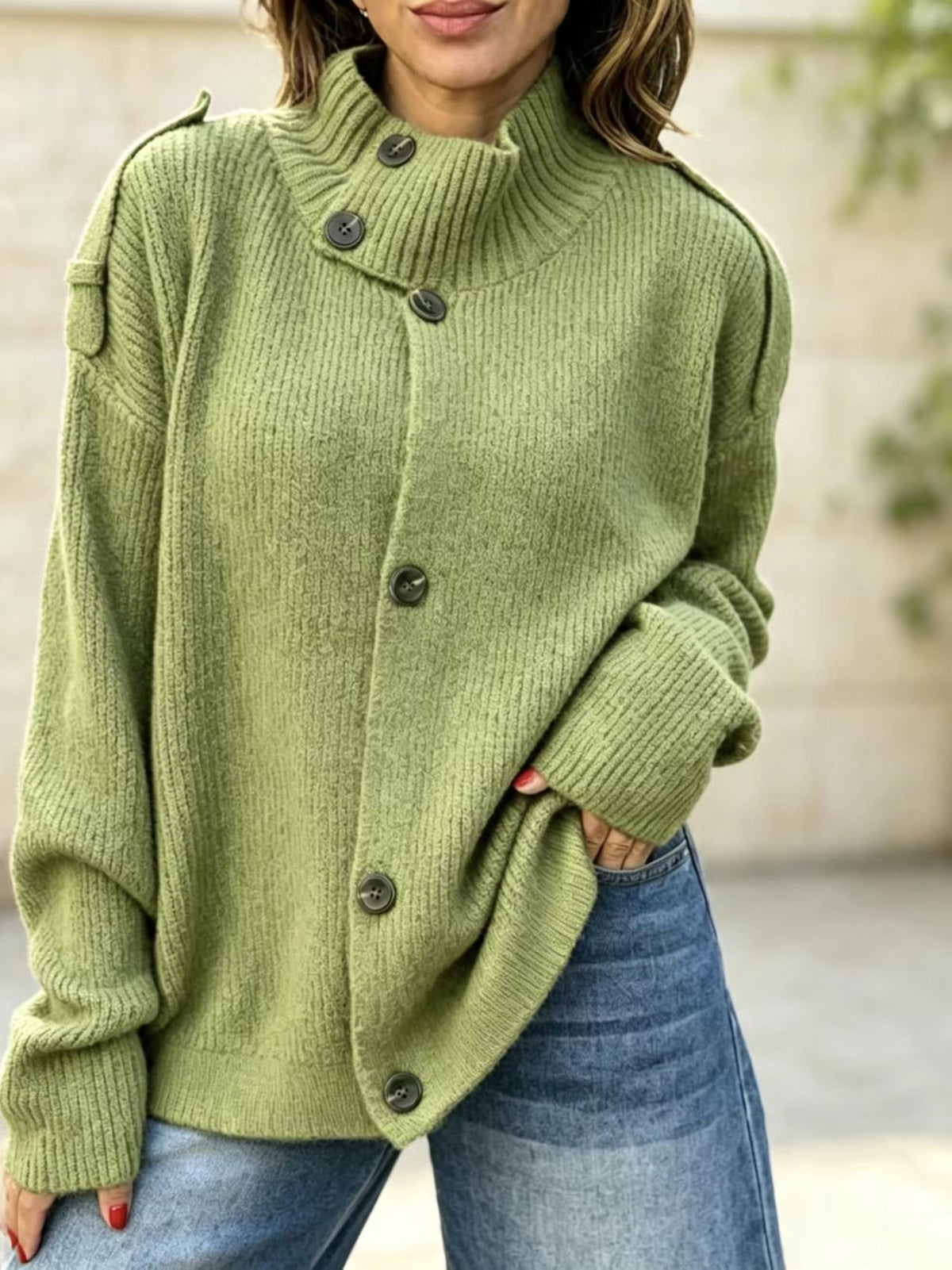 Stand Collar Button‑Down Shoulder Detail Knit Cardigan