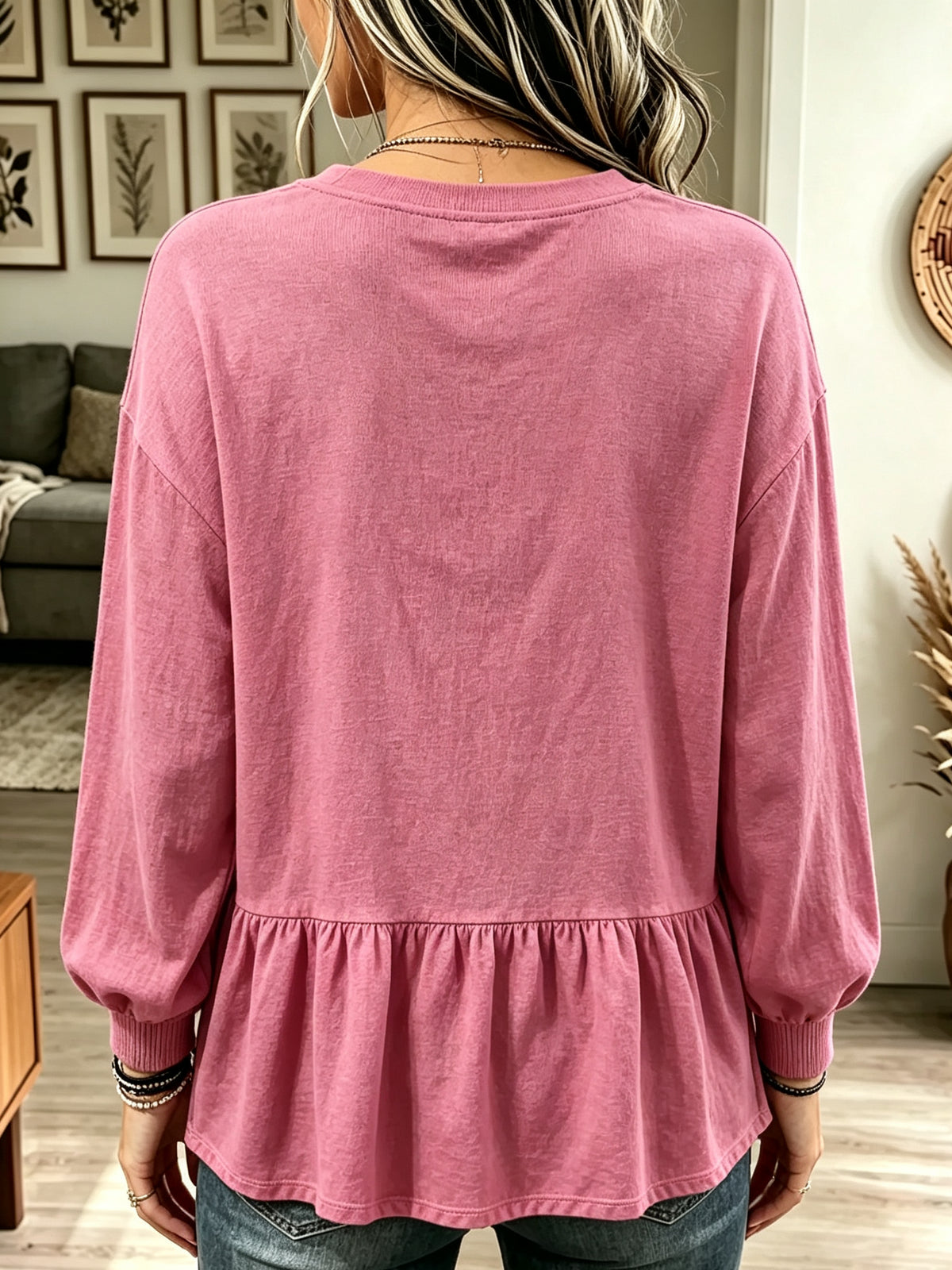 Women's Ruffled Peplum Long Sleeve Top