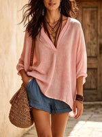 Women's Solid Color Art Casual V-Collar 3/4 Sleeve Long Shirt