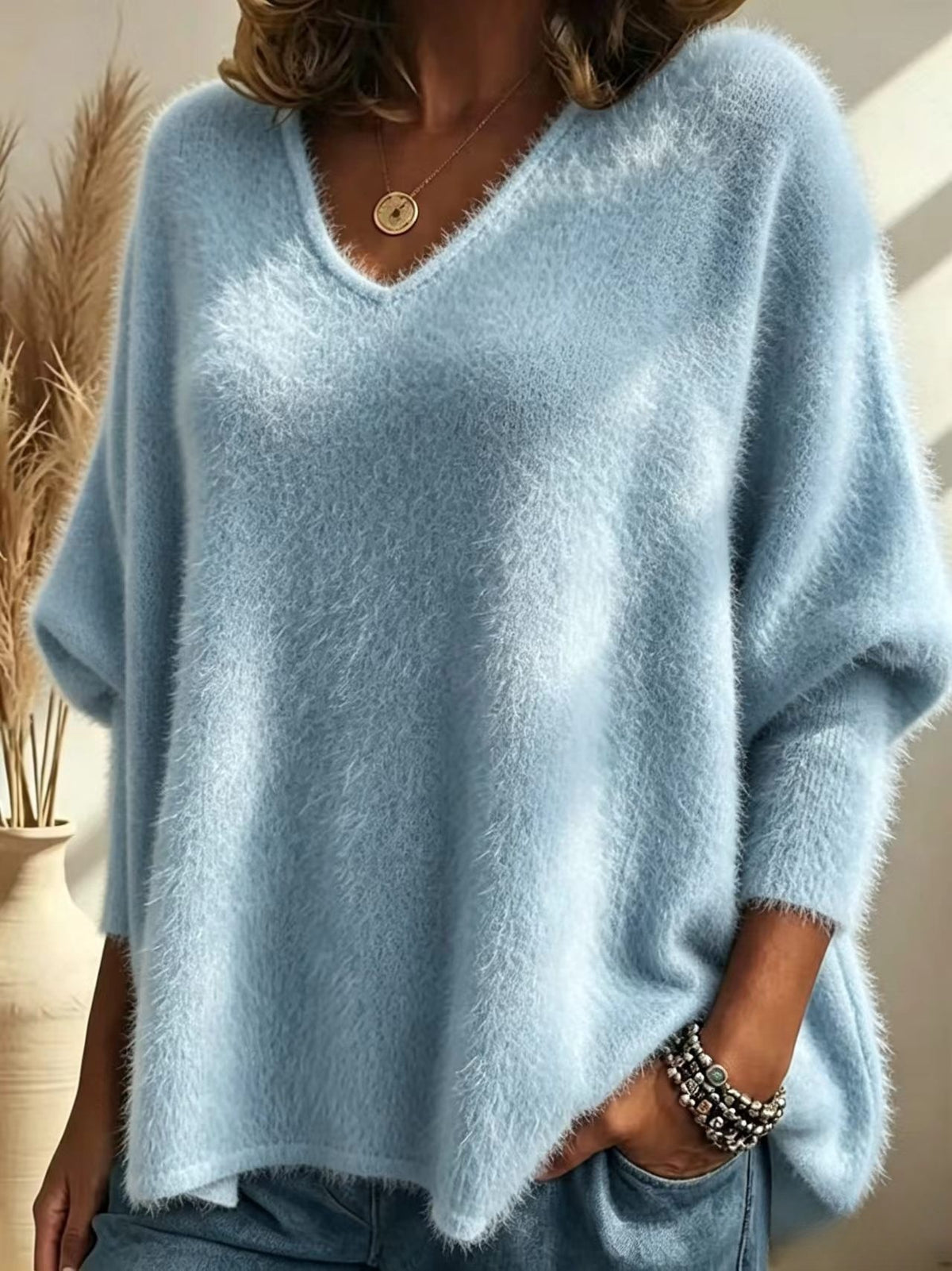 Oversized Fuzzy Mohair‑Style V‑Neck Sweater, Women Batwing Loose Soft Knit Pullover