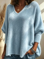 Oversized Fuzzy Mohair‑Style V‑Neck Sweater, Women Batwing Loose Soft Knit Pullover