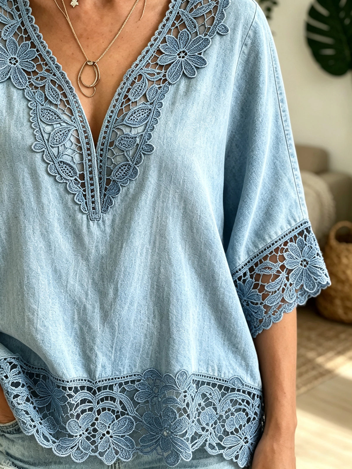 Women's V-Neck Lace Denim Top