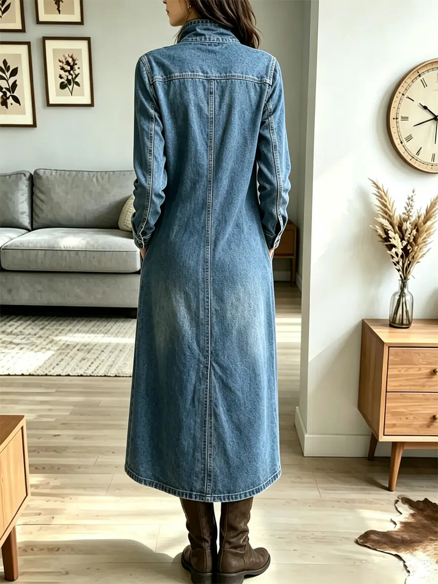 Vintage Turtleneck Asymmetrical Hem Art Casual Long Sleeve Stylish Denim Dress