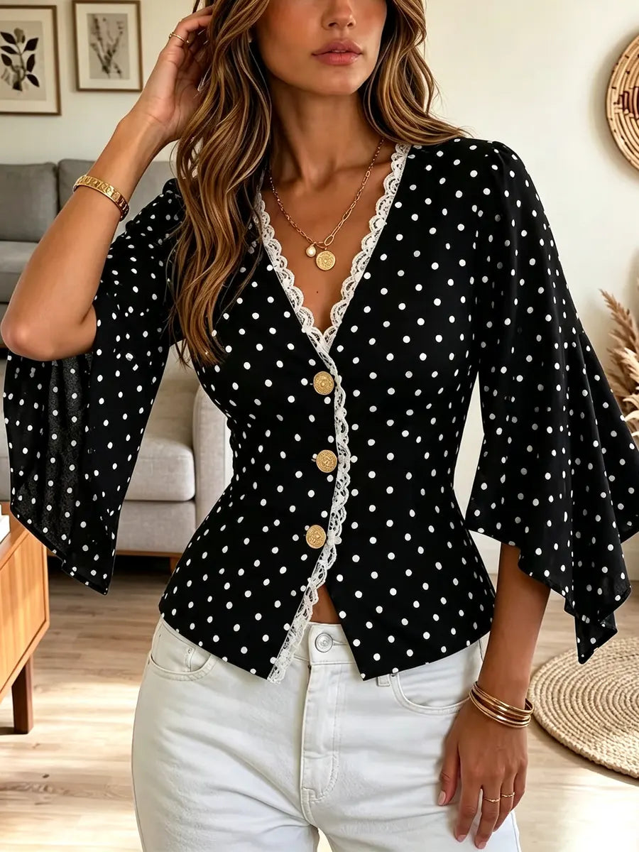Retro Polka Dot Lace Patchwork Art Casual Stylish 3/4 Sleeve Shirt
