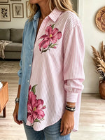 Women's Patchwork Denim Striped Floral Shirt