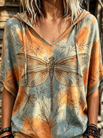 Women's Dragonfly Botanical Print Short Sleeve Top