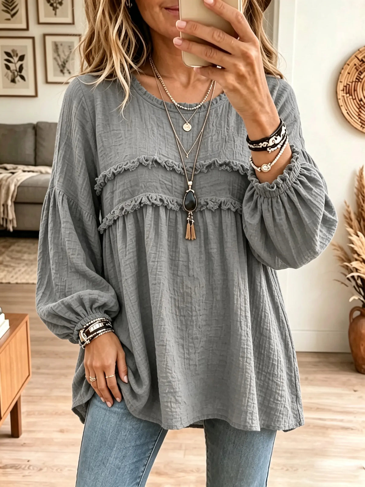 Women's Textured Crinkle Ruffle Babydoll Tunic Blouse