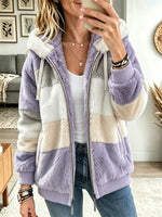 Women's Color-Block Plush Fleece Hooded Jacket