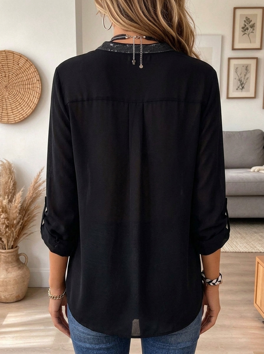 Women's Casual V-Neck Button Down Shirt with Sequin Trim & Pocket Chic Blouse