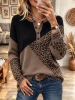 Women's Leopard Print Color Block Henley Collar Long-sleeve Knit Top