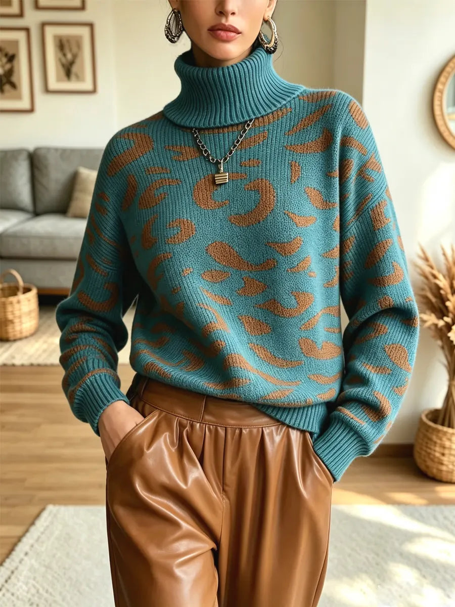 Retro Leopard Pattern Turtleneck Art Casual Stylish Long Sleeve Knit Sweater