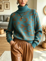 Retro Leopard Pattern Turtleneck Art Casual Stylish Long Sleeve Knit Sweater