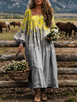 Women‘sGradient Yellow Floral Square Neck Balloon Sleeve Boho Midi Dress