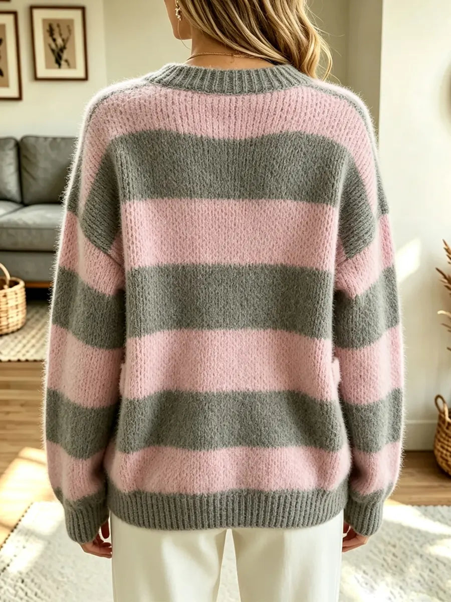 Retro Stripe Art Casual Stylish Long Sleeve Knit Cardigan Sweater