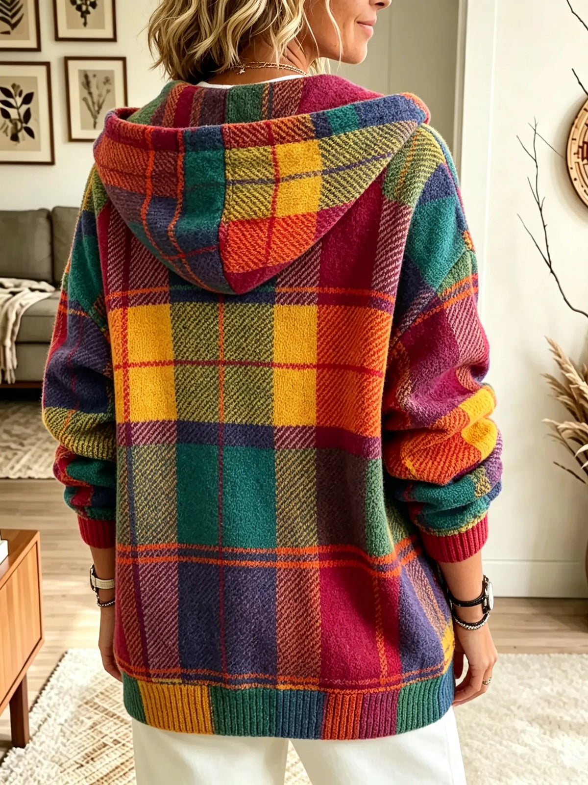 Women's Colorful Plaid Zip-Up Hooded Jacket