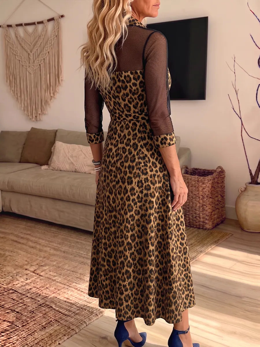 Women's Vintage Elegant Leopard Print Patchwork Sheer Mesh Dress