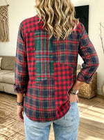 Women Holiday Color‑block Plaid Patchwork Button‑down Long Sleeve Shirt
