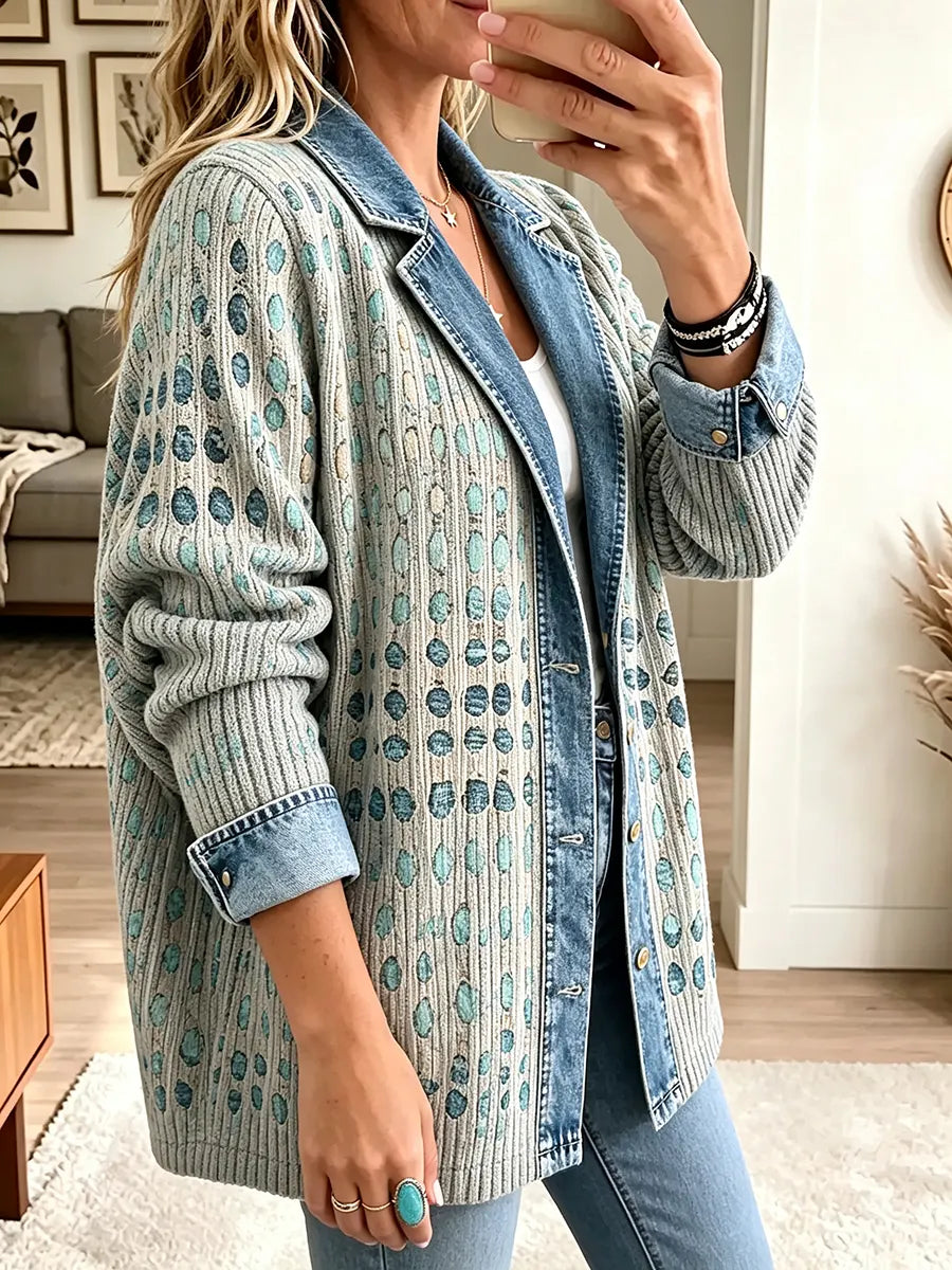 Women's Vintage Geometric Print Denim Jacket