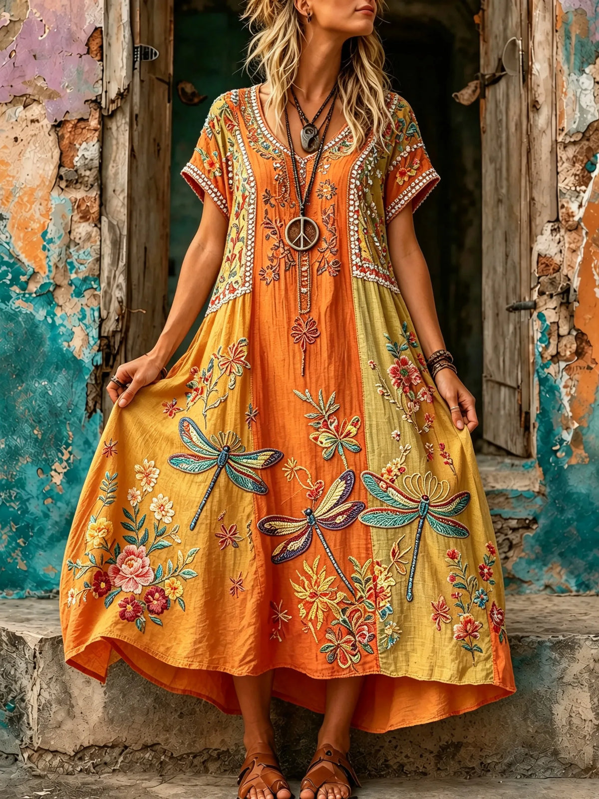 Women Dragonfly Floral Patchwork Print V-Neck Maxi Dress