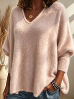 Oversized Fuzzy Mohair‑Style V‑Neck Sweater, Women Batwing Loose Soft Knit Pullover
