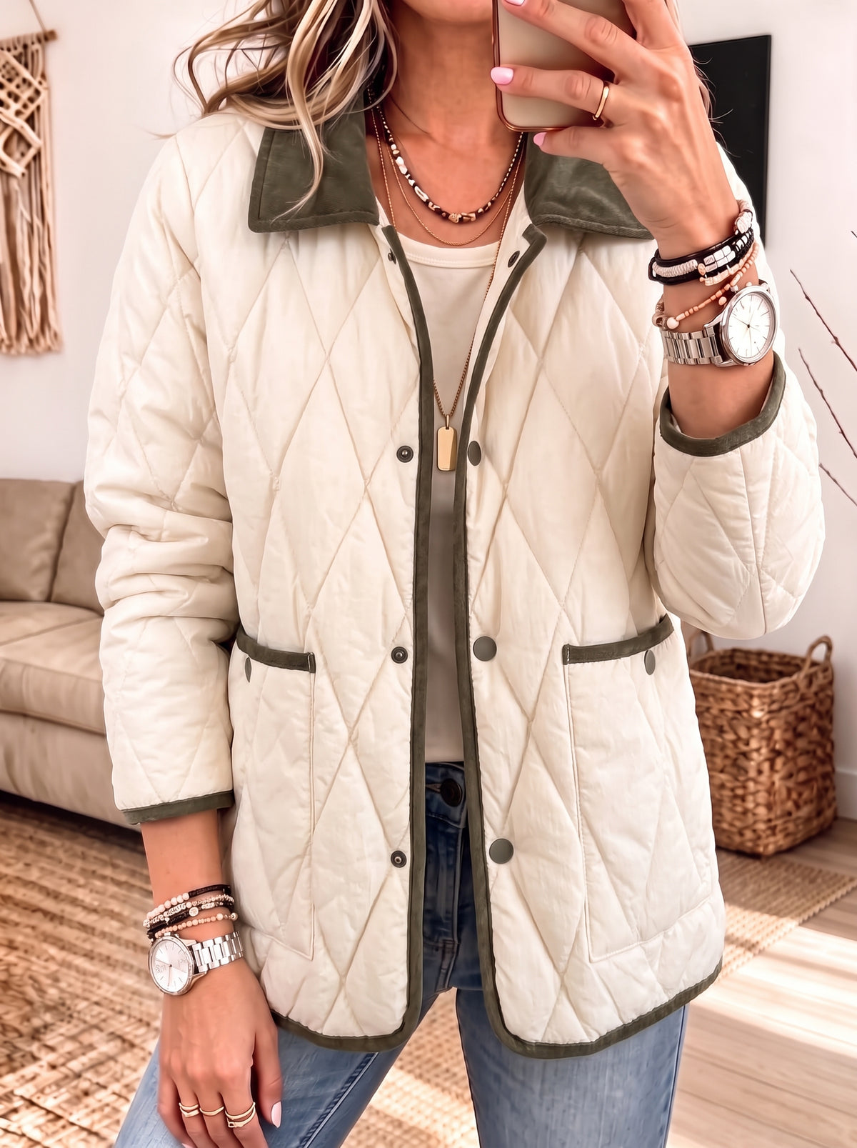 Contrast Collar Diamond Quilted Snap Jacket Women Casual Lightweight Coat