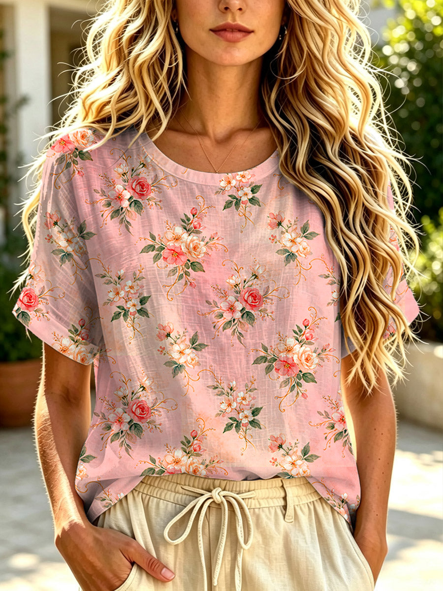 Women's Floral Pattern Art Print Casual Short Sleeve Linen T-shirt