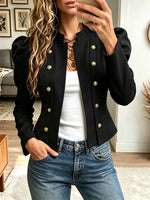 Women Stand Collar Puff Sleeve Double Breasted Cropped Jacket