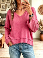 Women's Raw Hem Frayed V-Neck Pullover Sweatshirt