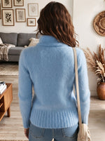 Women's Sky Blue Fuzzy Knit Full-Zip Cardigan with Gold Buttons