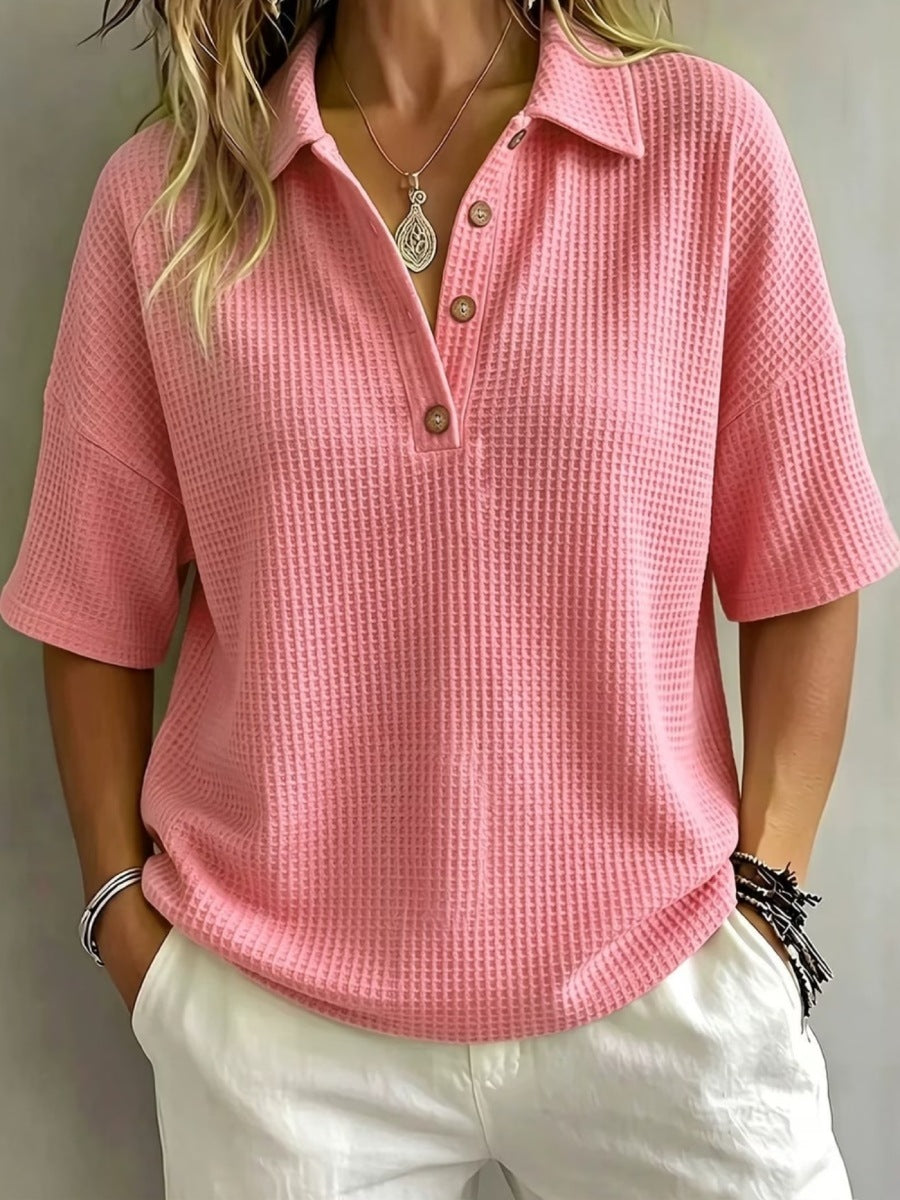 Solid Color Lapel Casual Short Sleeve Stylish Waffle Shirt