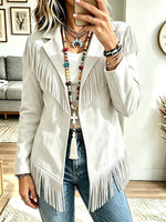 Women Collared Fringe Jacket